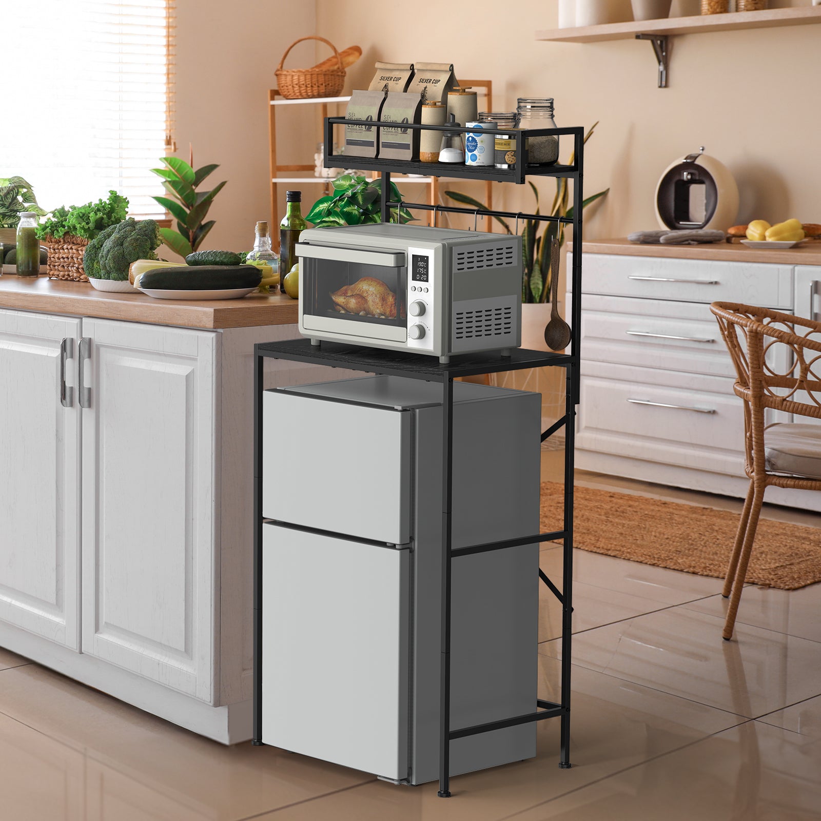 2-Tier Mini Fridge Stand & Microwave Baker's Rack - Multi-Functional Kitchen Storage Organizer with 5 Side Hooks