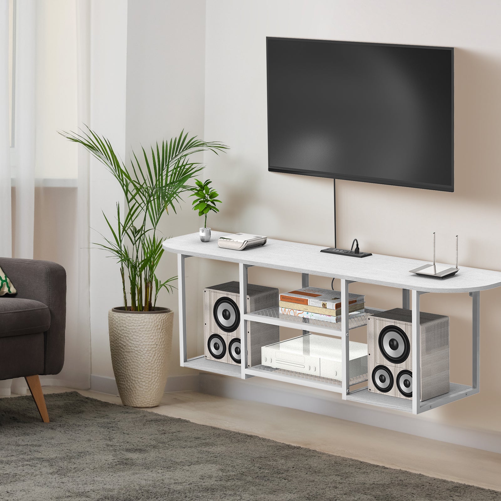 3-Tier Floating TV Stand with Charging Station - Wooden Wall Console for 32-55" TVs, White