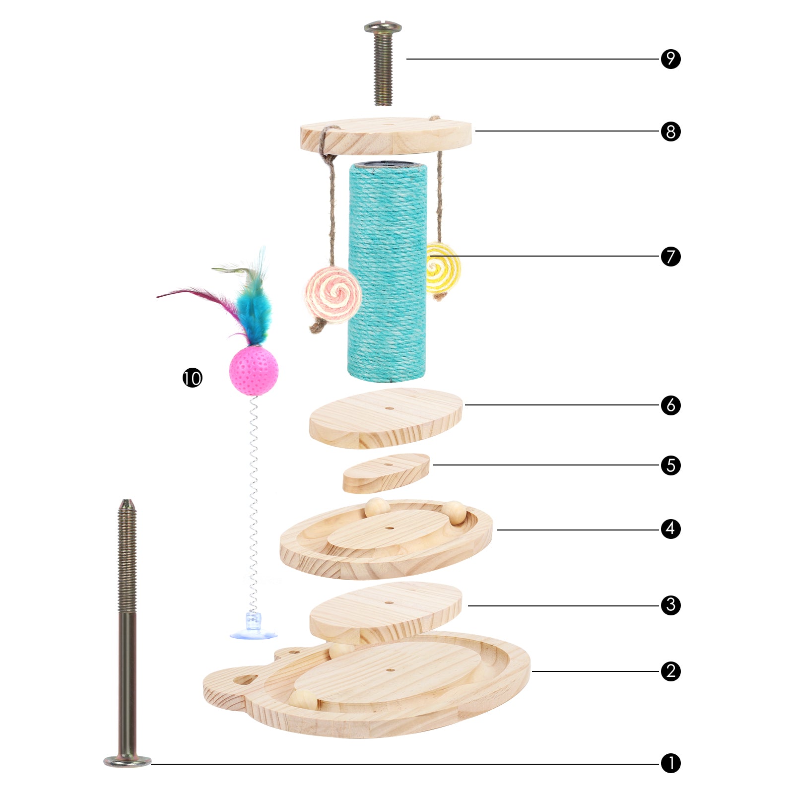 Wooden Cat Scratching Post with 2-Tier Ball Track - Interactive Kitten Turntable Toy