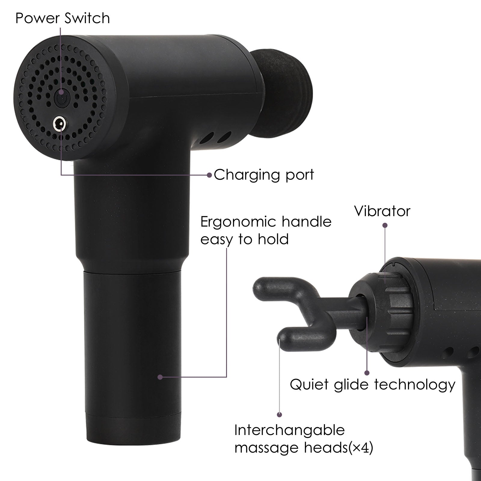 Deep Tissue Massage Gun with 4 Heads & 4 Speeds, Portable Percussion Muscle Massager for Pain Relief & Recovery