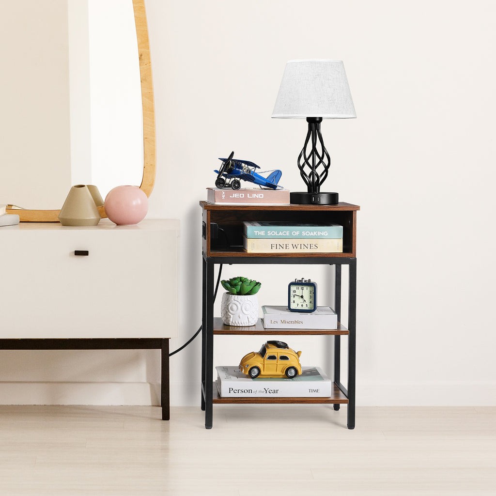 Slim Nightstand with Charging Station, 3-Tier Narrow Side Table with USB Ports for Bedroom
