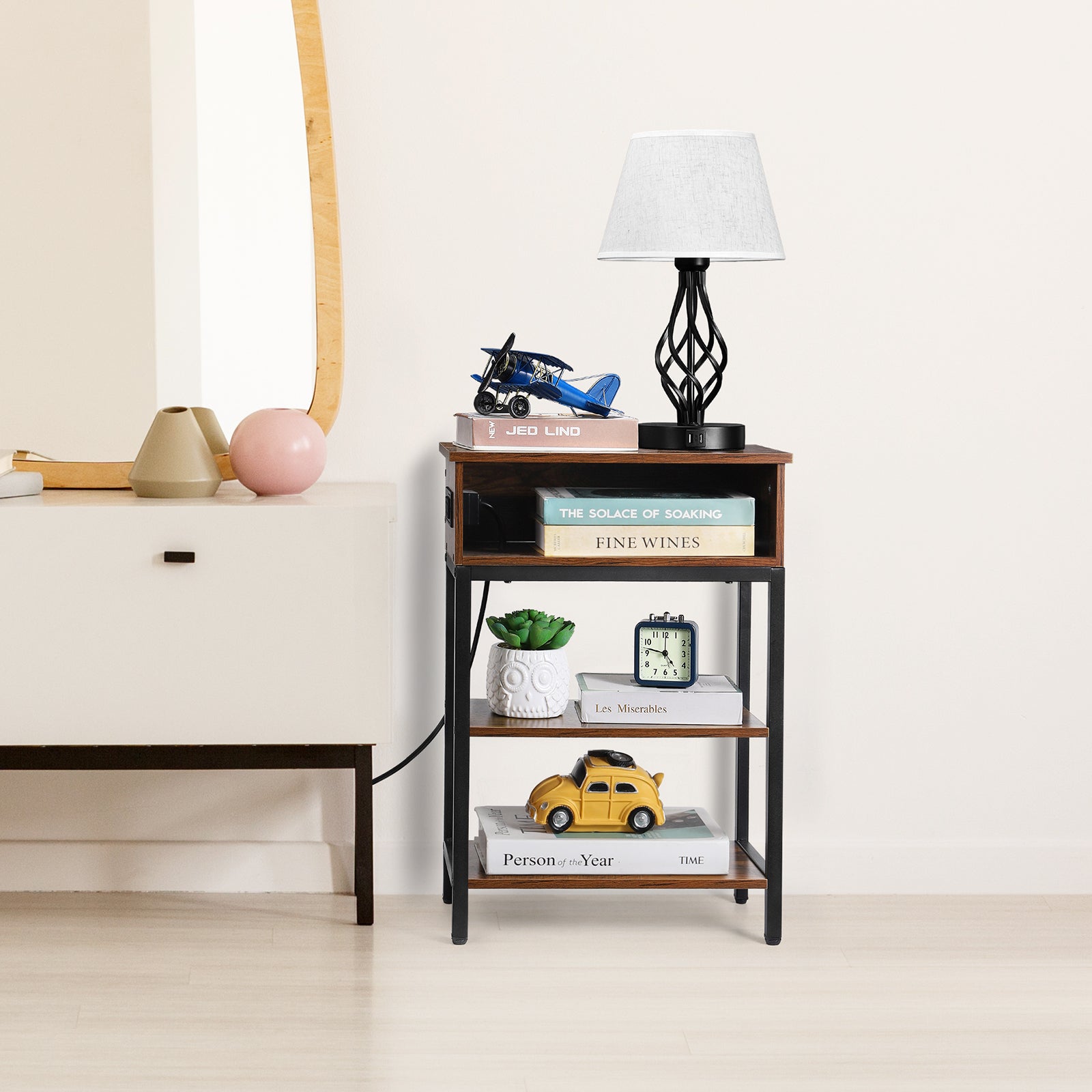 Slim Nightstand with Charging Station, 3-Tier Narrow Side Table with USB Ports for Bedroom