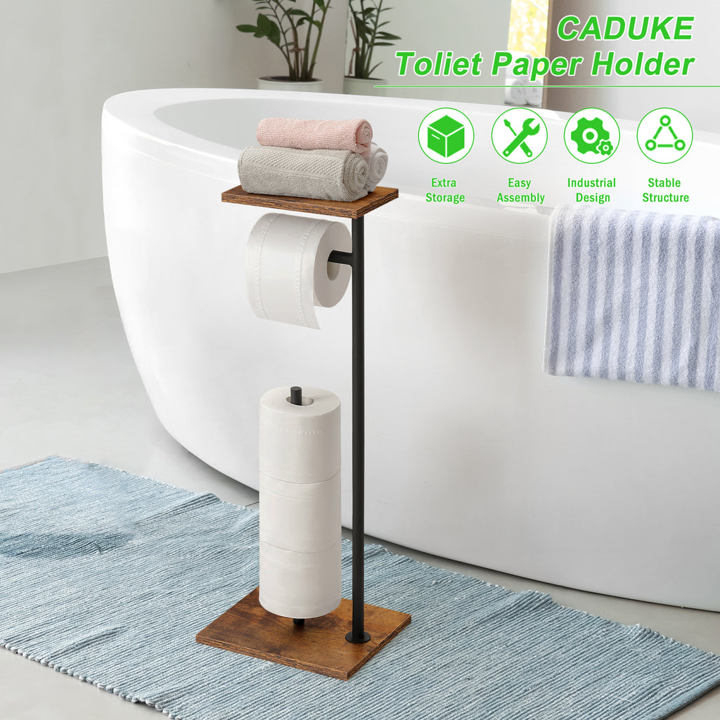 Rustic Industrial Free-Standing Toilet Paper Holder â€“ 3-in-1 Bathroom Organizer with Storage Shelf & Reserve