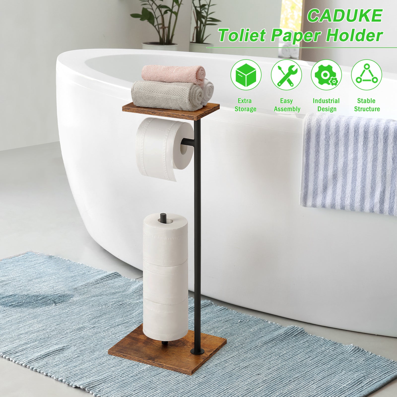 Rustic Industrial Free-Standing Toilet Paper Holder â€“ 3-in-1 Bathroom Organizer with Storage Shelf & Reserve
