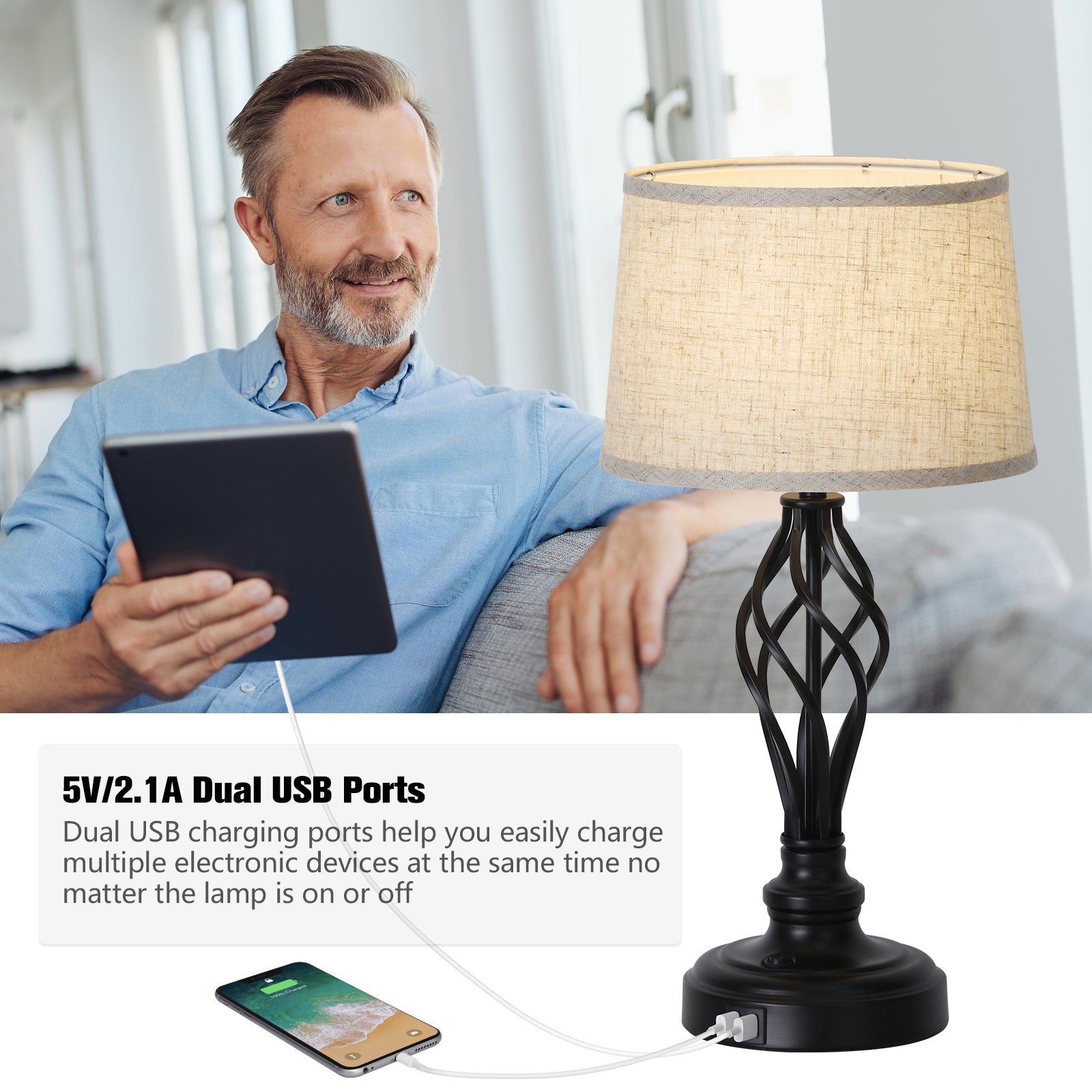Pair of Classic Bedside Nightstand Lamps with Integrated Dual USB Ports and Fabric Shades for Home and Dorm Use