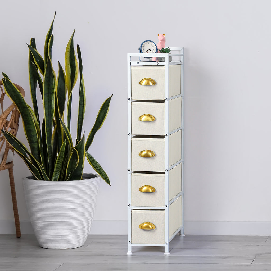 5-Tier Narrow Beige Dresser - Tall Slim Fabric Storage Cabinet for Living Room & Gaps