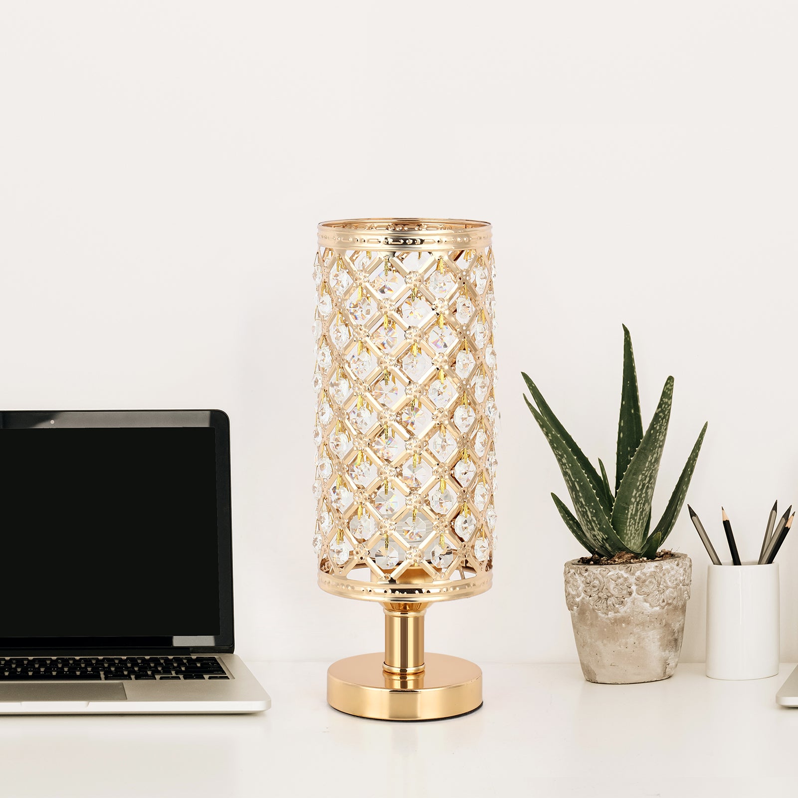Luxury Gold K9 Crystal Table Lamp, Modern Decorative Nightstand Lamp with Hollow Metal Base for Bedroom