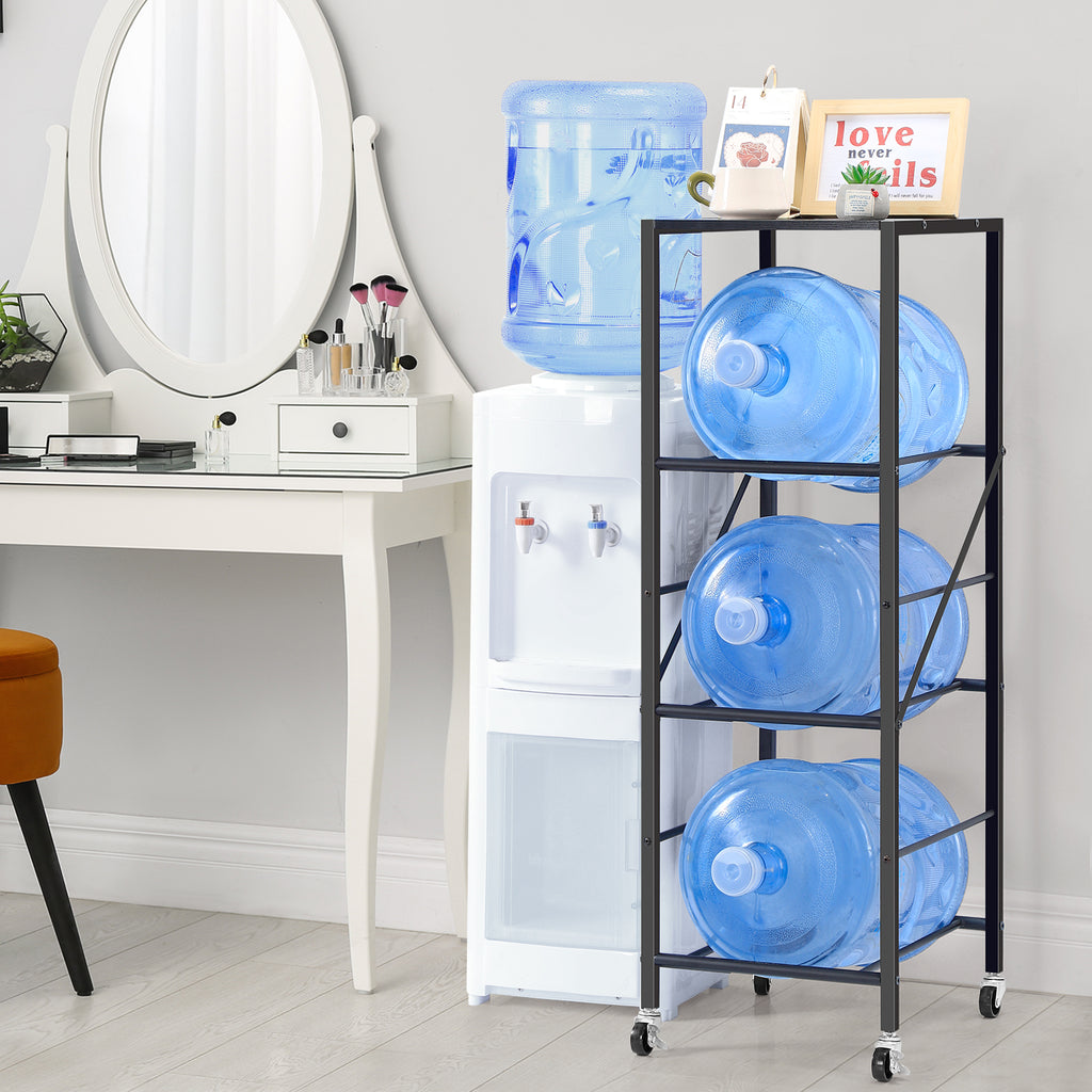 3-Tier Heavy Duty 5-Gallon Water Jug Storage Rack with Top Shelf and Rolling Casters, Black Organizer for Home and Office