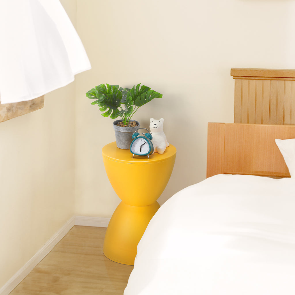 17-Inch Design Plastic Hourglass Side Table, Modern Round Multi-Purpose Stool for Outdoor Vanity and Shoe Bench in Bright Yellow or Blue, Ideal for Contemporary Living Room Bedroom Decor