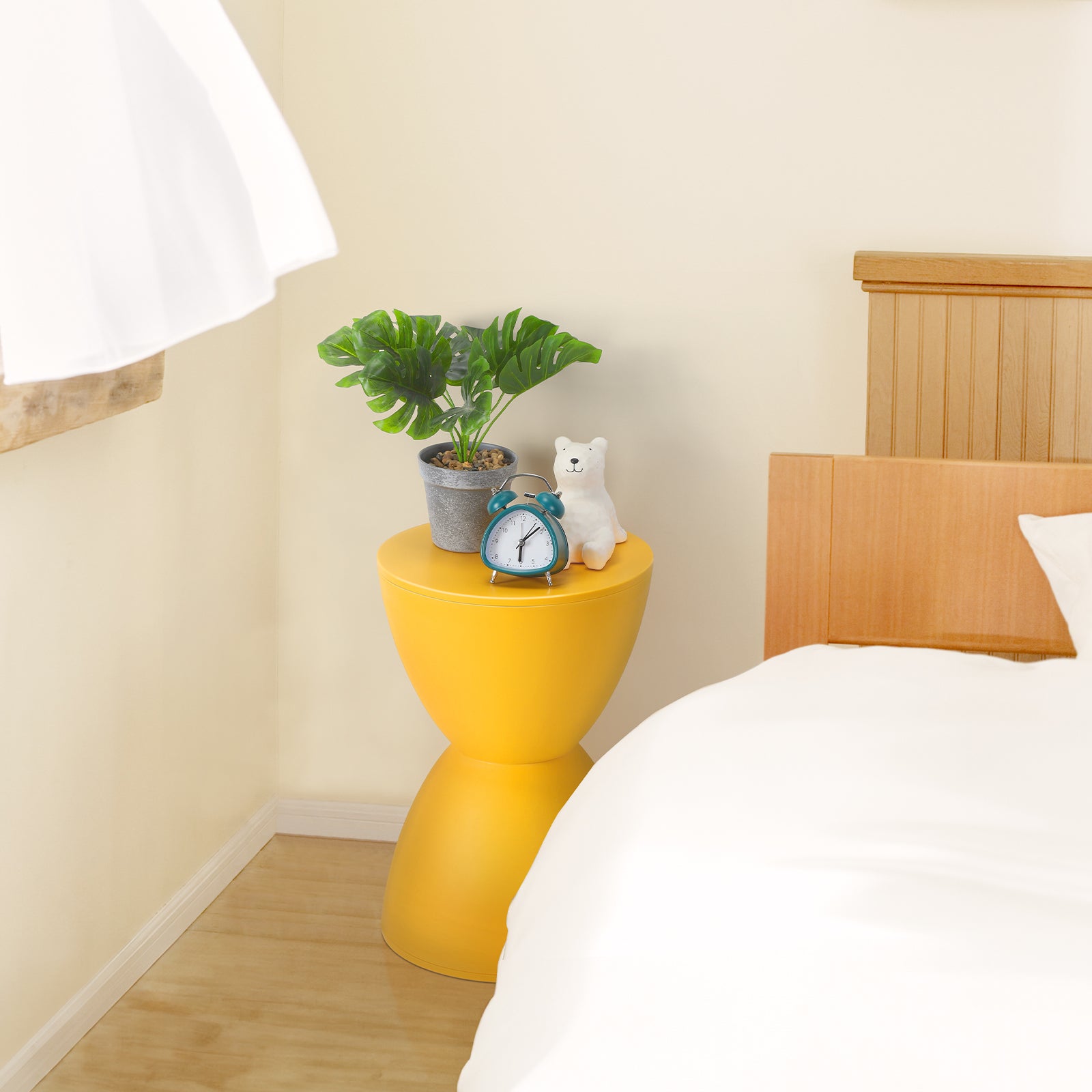 17-Inch Design Plastic Hourglass Side Table, Modern Round Multi-Purpose Stool for Outdoor Vanity and Shoe Bench in Bright Yellow or Blue, Ideal for Contemporary Living Room Bedroom Decor