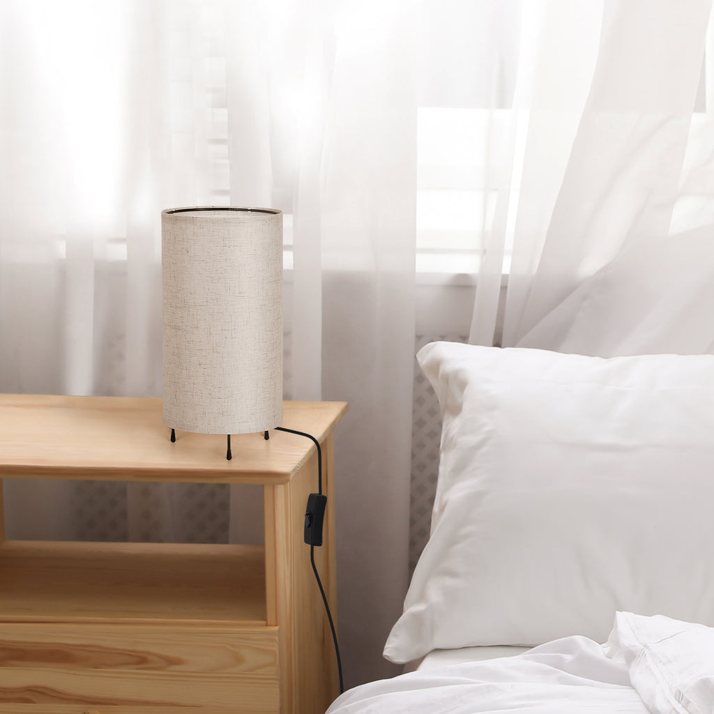 Minimalist Cylindrical Tripod Bedside Lamps (Set of 2)， Small Nightstand Lamps with Linen Shade.