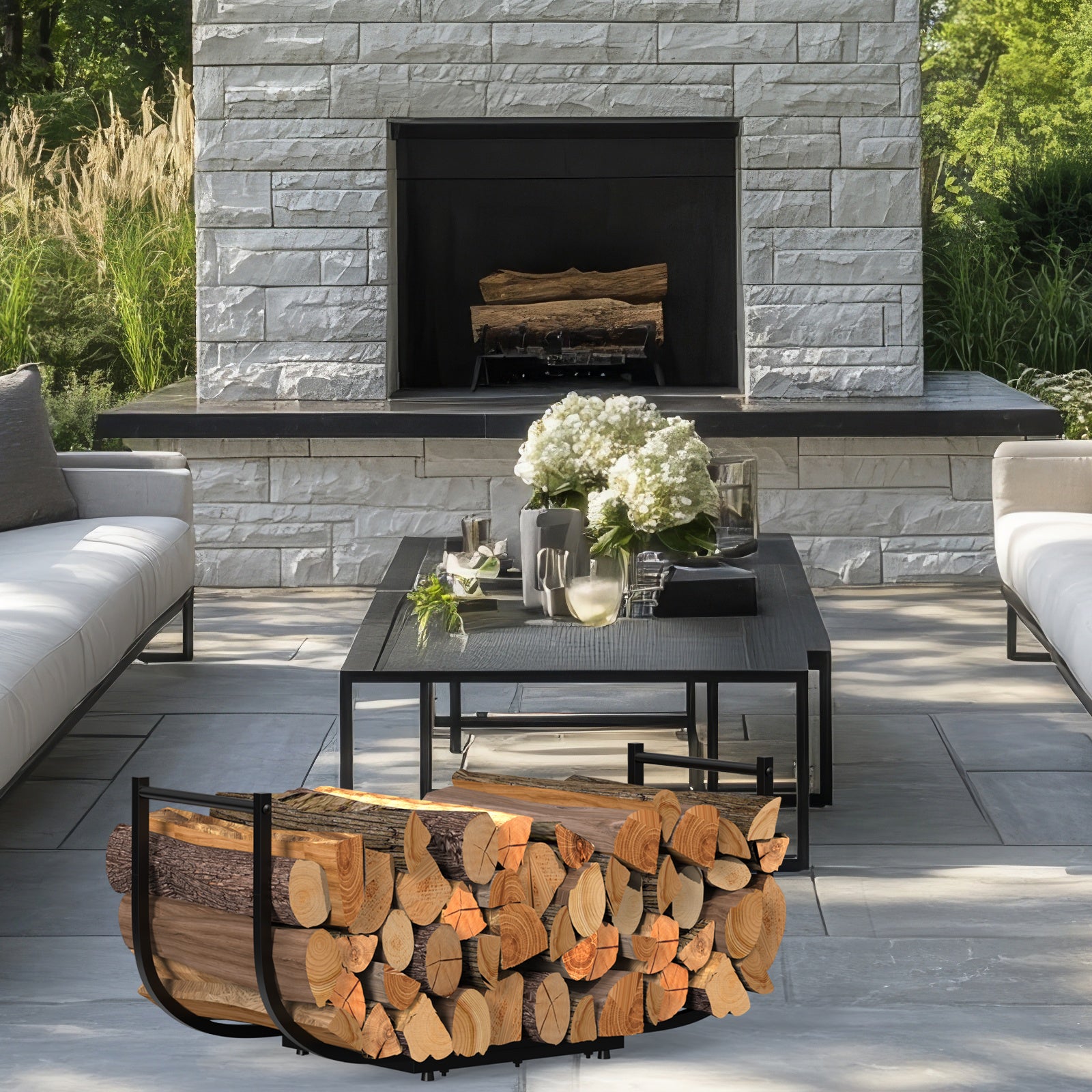 33-Inch Heavy Duty Firewood Rack, U-Shaped Metal Log Holder for Fireplace, Outdoor Log Stacker and Organizer for Patio and Fire Pit, Black,