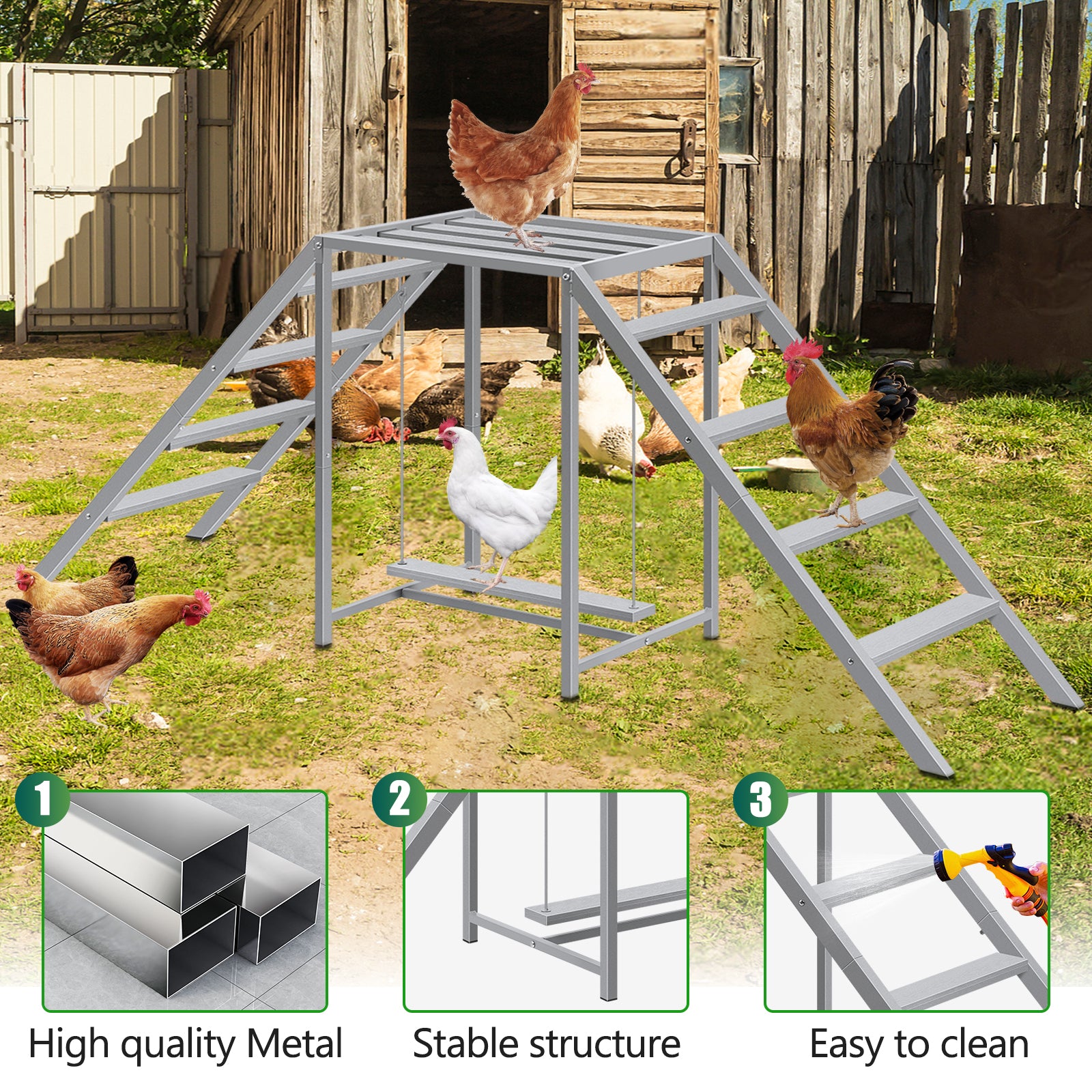 Wooden Chicken Roosting Bars & Perches with Swing - Coop Ladder & Activity Toy for Poultry