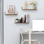 Torched Finish Floating Shelves with Gold Circular Brackets - Set of 3 Wall Mounted Display Shelves