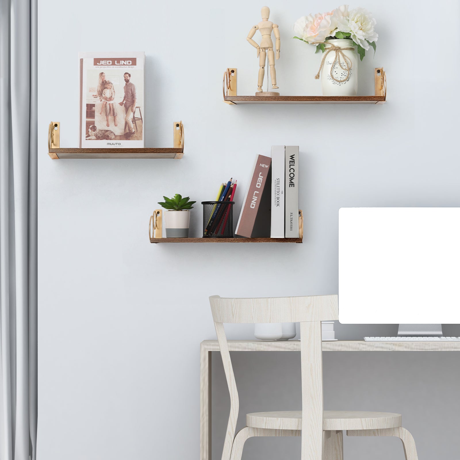 Torched Finish Floating Shelves with Gold Circular Brackets - Set of 3 Wall Mounted Display Shelves