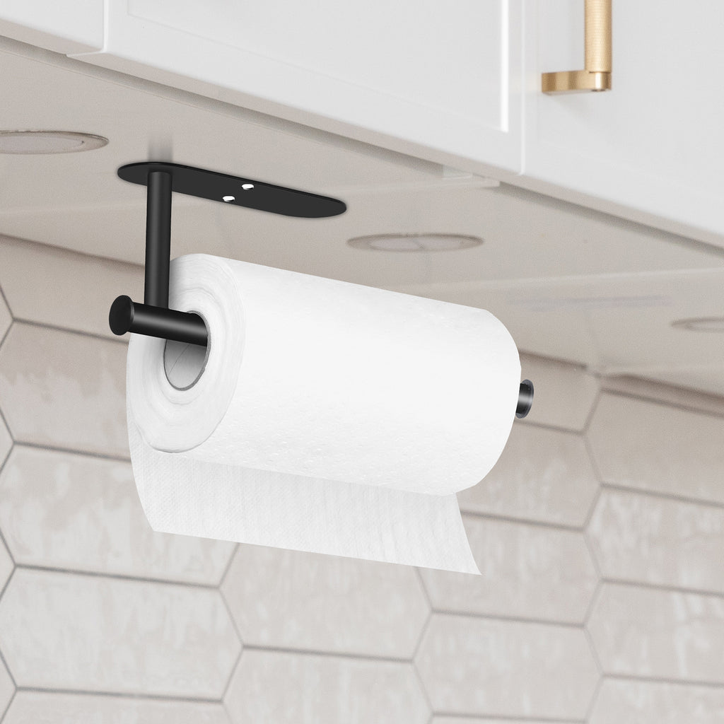 2-Pack Matte Black Adhesive Paper Towel Racks, Under Cabinet and Wall Mount Tissue Bar for Kitchen and Bathroom