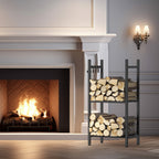 Heavy Duty Fireplace Log Rack (31.5" H) - 2-Tier Wrought Iron Firewood Holder with 4 Tool Hooks, Black