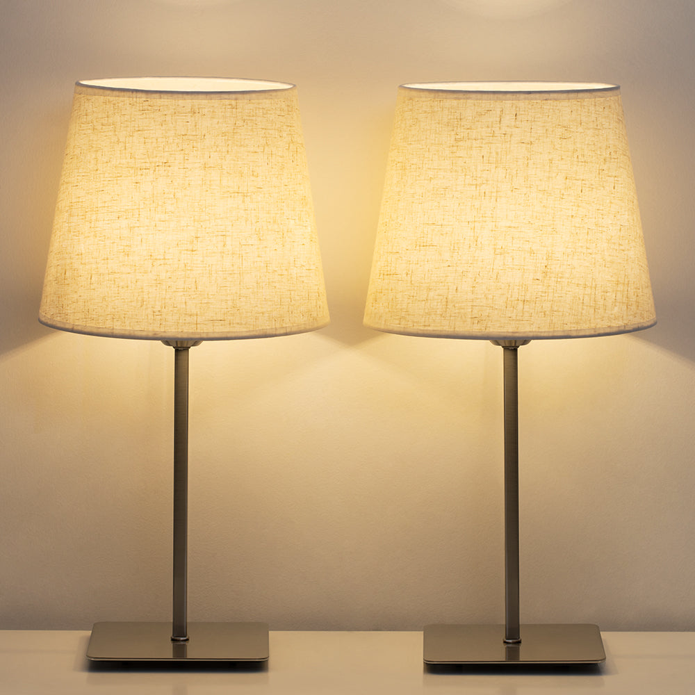 Modern Metal Square Base Nightstand Lamp Set of 2 with Fabric Shades for Bedroom and Office