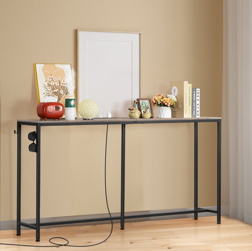 Modern Console Table with Charging Station, Outlet & Hooks - Narrow Long Entryway Table for Living Room, Foyer, Corridor (Skinny Couch Table Behind Sofa)