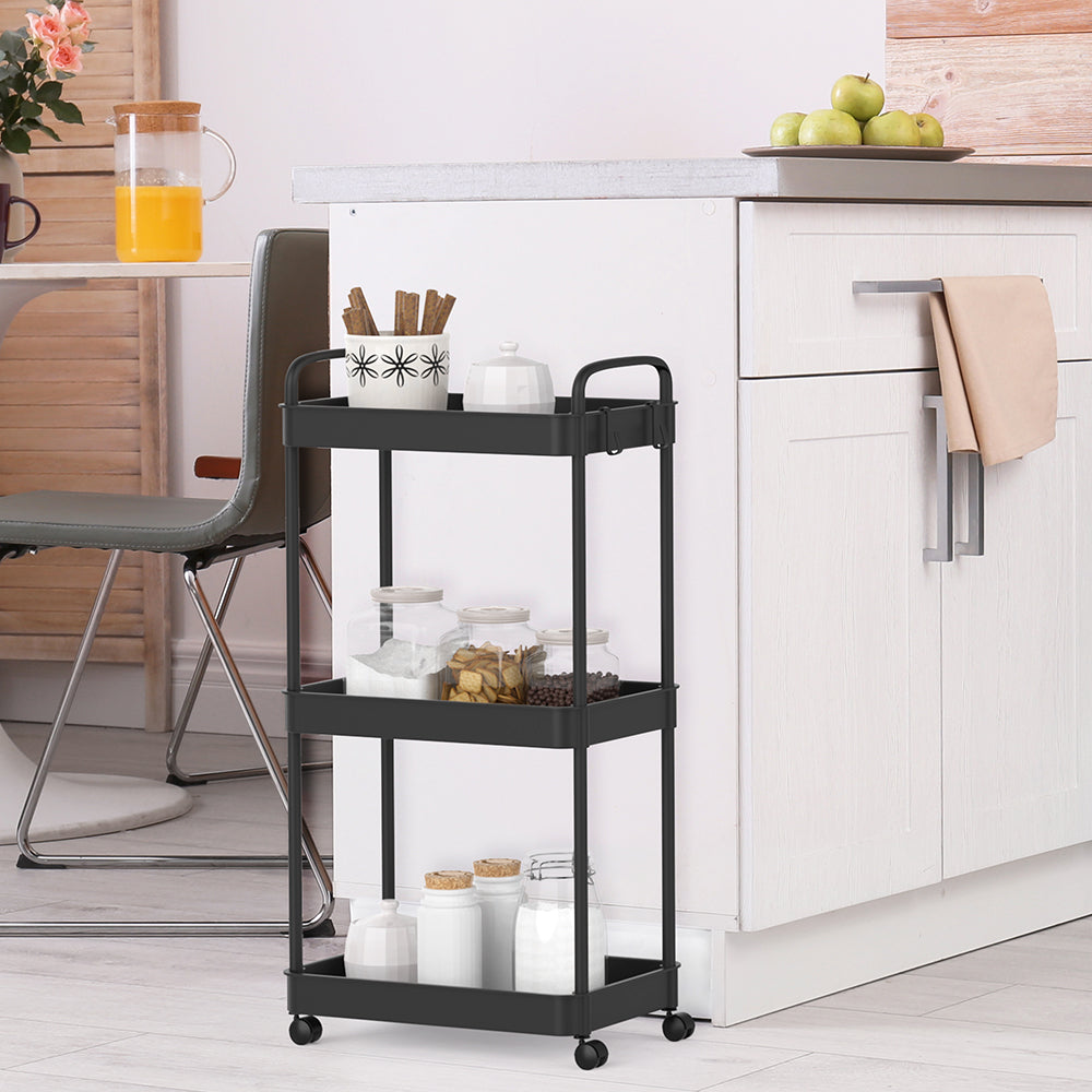 3-layer storage rack - black, three-layer roller cart with wheels and handles. Suitable for offices, living rooms, and laundry rooms.