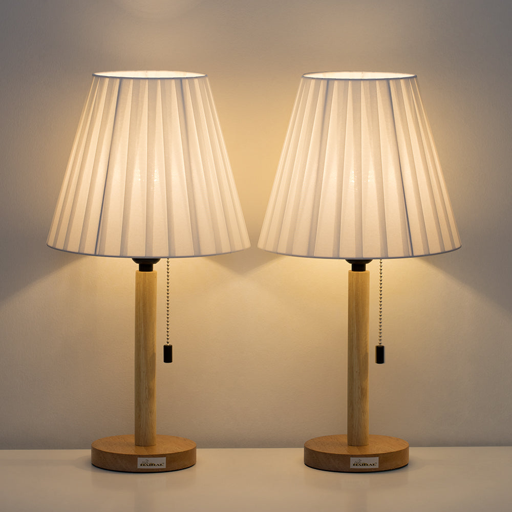 Twin Set of Contemporary White Bedside Lamps with Timber Bases - Minimalist Desk Lighting for Bedrooms, Dorms, and Offices