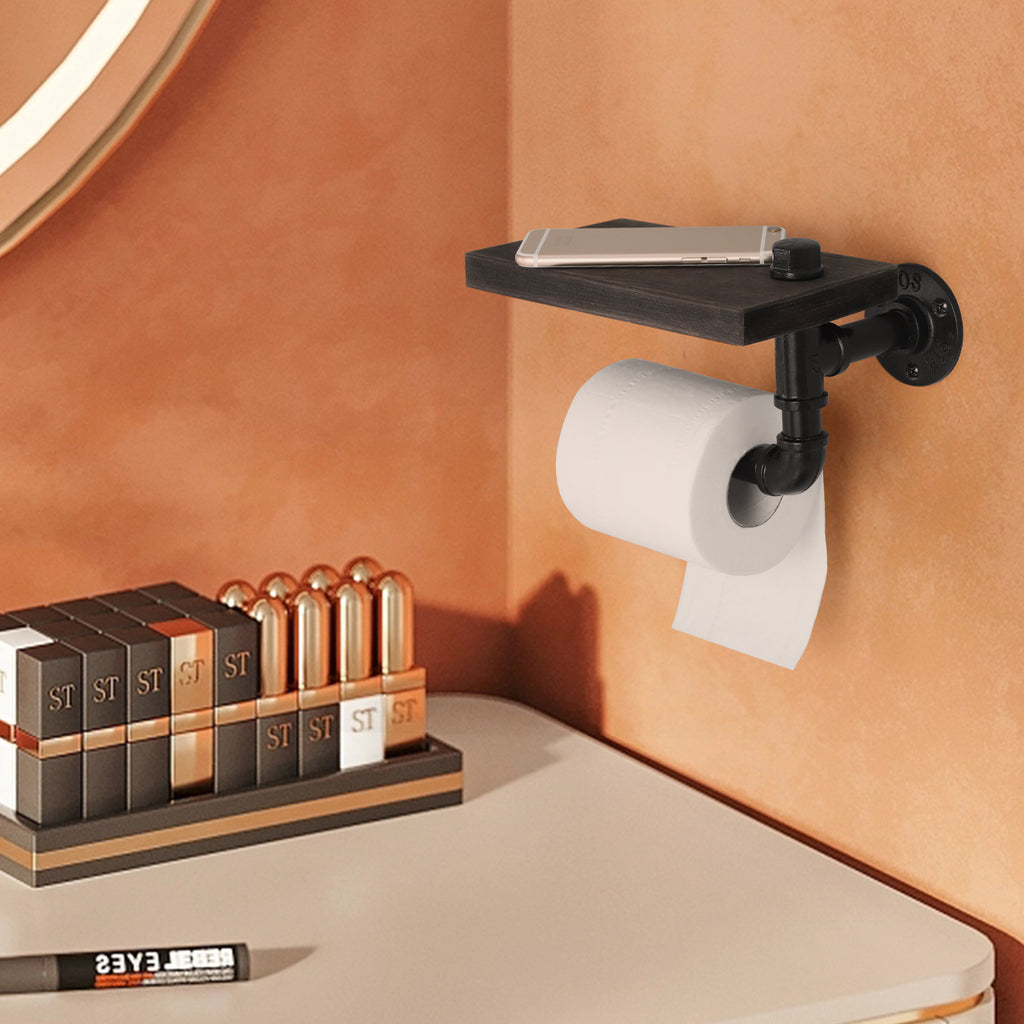 Rustic Industrial Pipe Toilet Paper Hanger with Wood Shelf - Wall-Mounted Black Iron Tissue Holder - Vintage Bathroom & Kitchen Storage