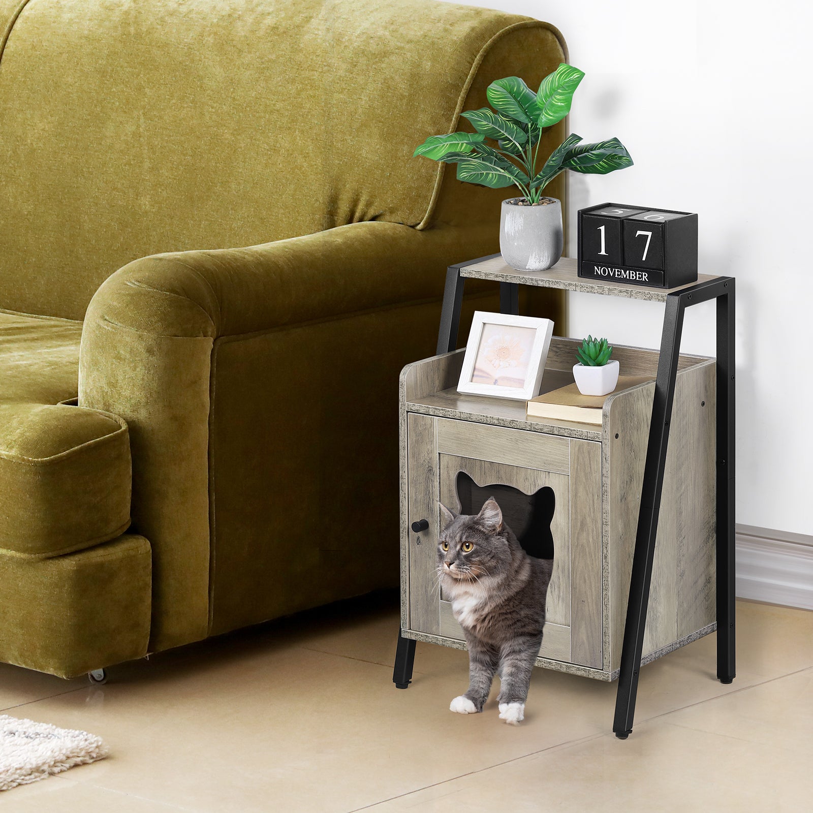 Cat Litter Box Enclosure & Hidden Furniture House, Decorative Wooden Pet House for Small Kittens, Oak Grey,