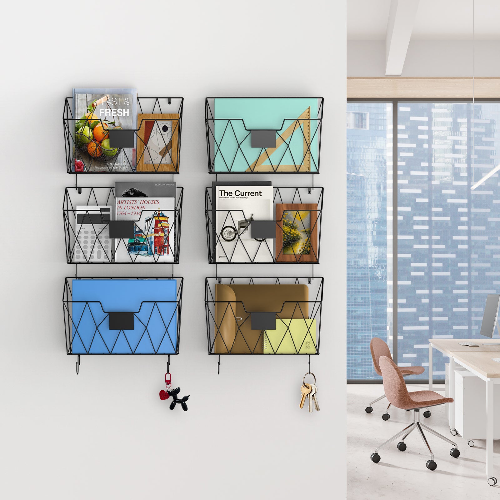 6 Pack Mesh Wall File Organizer - Hanging Wire Magazine Rack & Mail Holder with Hooks