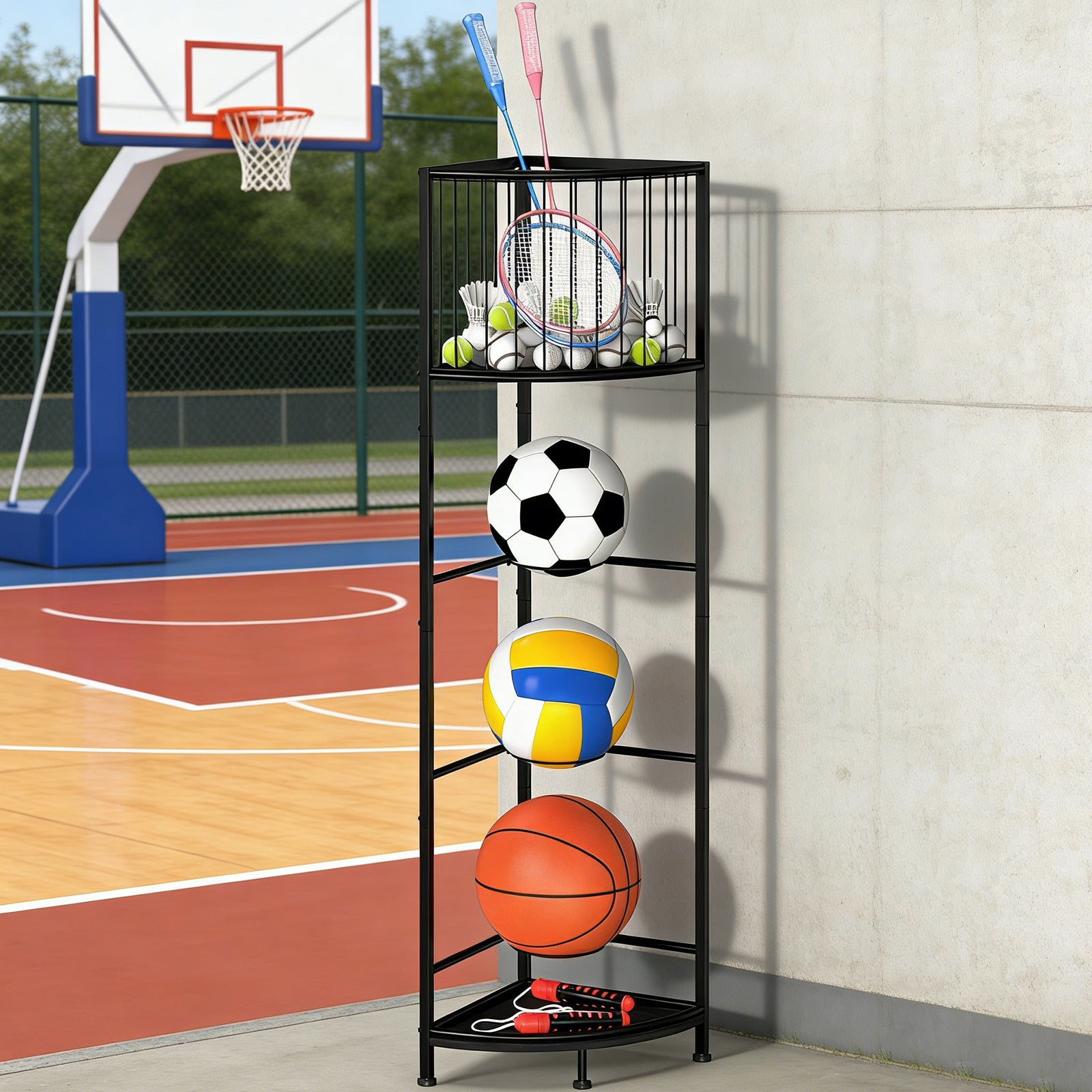 3-Tier Corner Sports Ball Rack - Vertical Storage Organizer for Basketballs, Soccer Balls & Volleyballs,