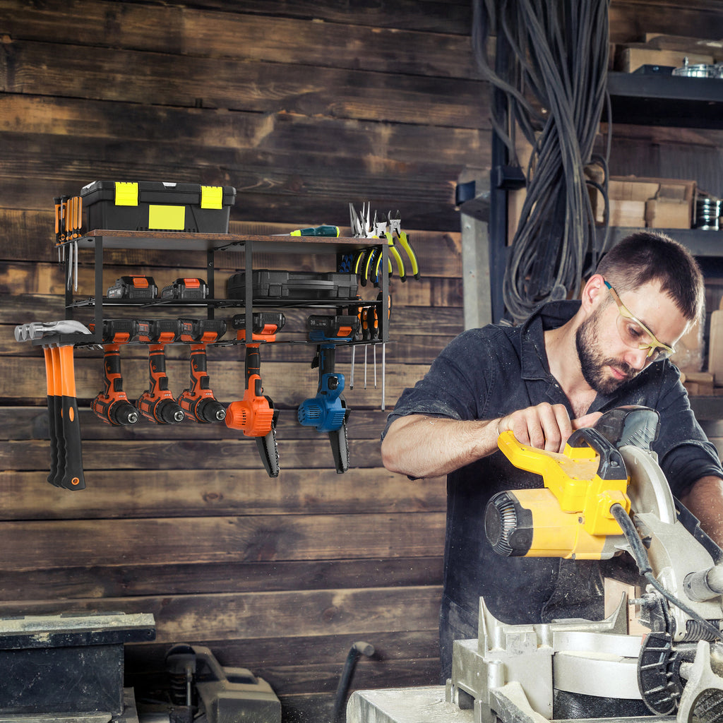 Power Tool Organizer with Wood Shelf, Wall-Mount Drill Holder & Garage Storage Rack for Tool Organization