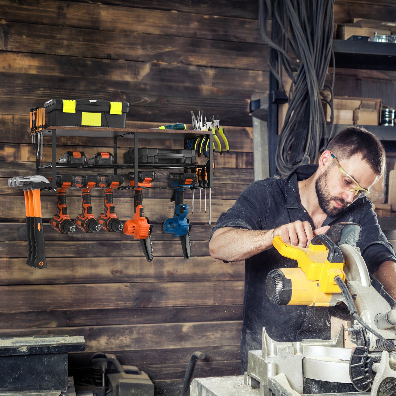 Power Tool Organizer with Wood Shelf, Wall-Mount Drill Holder & Garage Storage Rack for Tool Organization