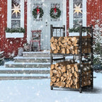 2-Tier Indoor Firewood Rack - Outdoor Log Holder w/ 4 Fireplace Tool Hooks, Black