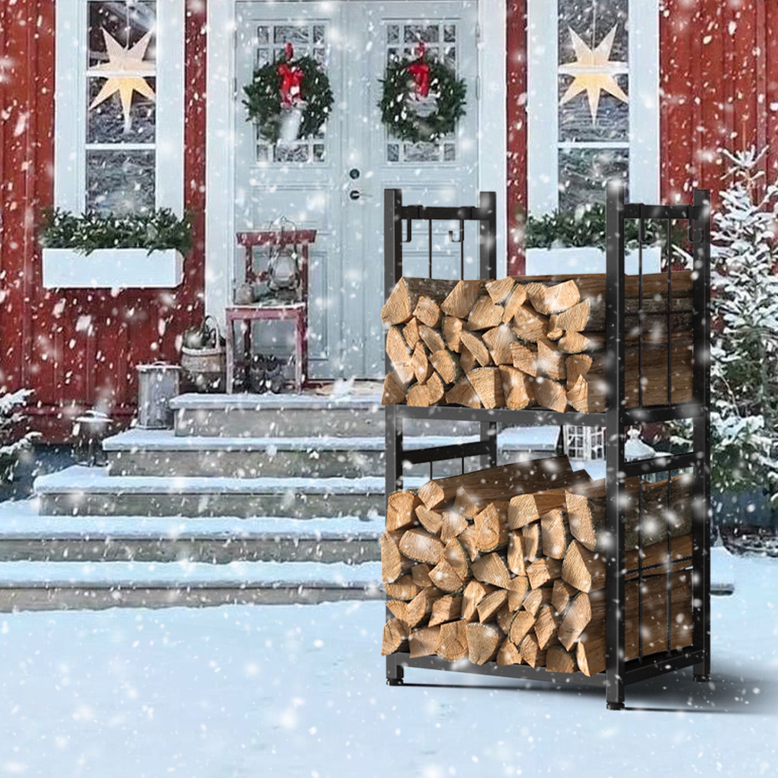 2-Tier Indoor Firewood Rack - Outdoor Log Holder w/ 4 Fireplace Tool Hooks, Black