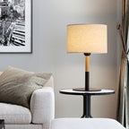 Compact Bedside Lamp with White Fabric Shade, Wood and Black Metal Base, Versatile Desk Light for Bedroom or Home Office