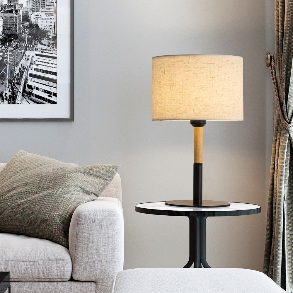 Compact Bedside Lamp with White Fabric Shade, Wood and Black Metal Base, Versatile Desk Light for Bedroom or Home Office