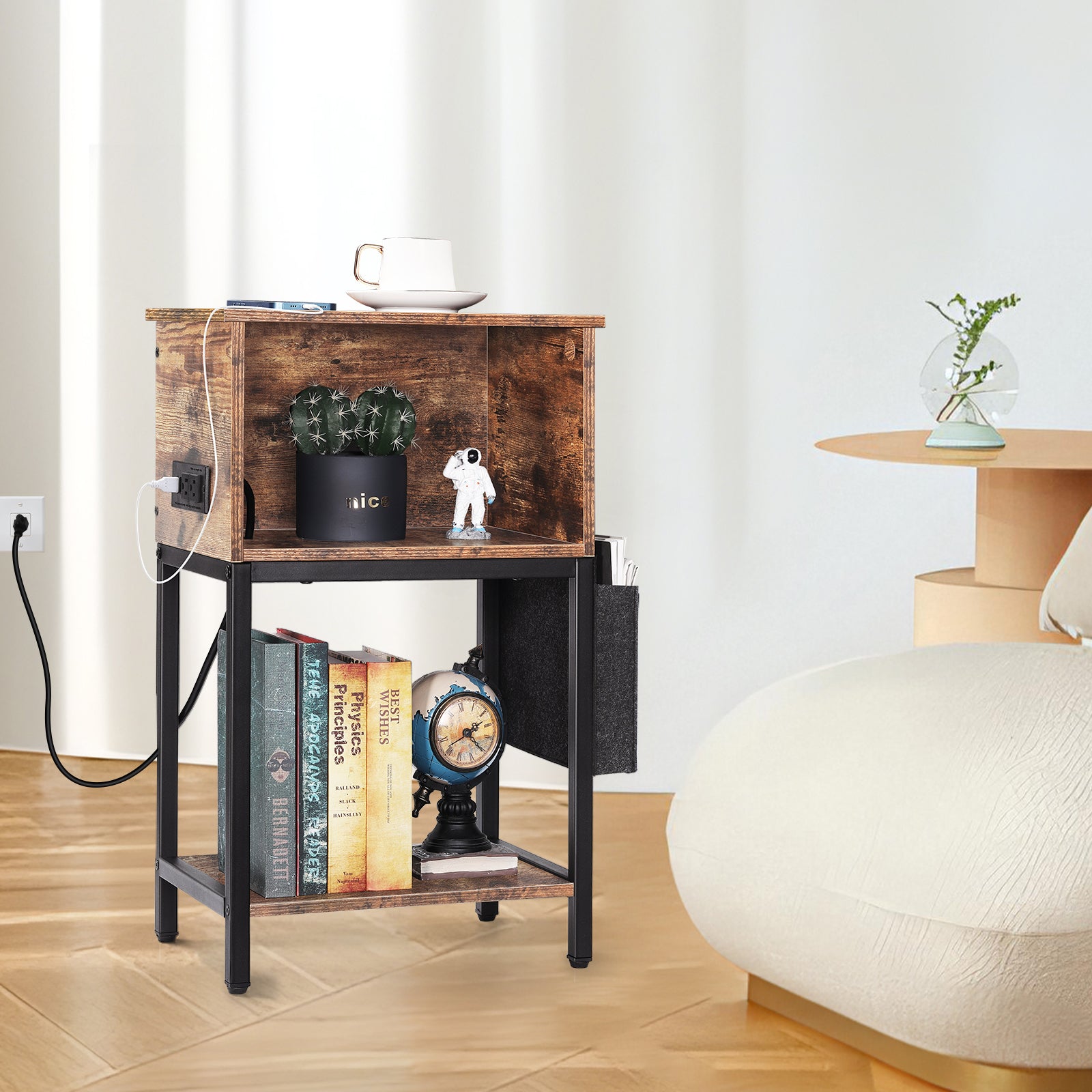Wide End Table with Charging Station & Storage Pocket - Industrial Sofa Side Table for Living Room