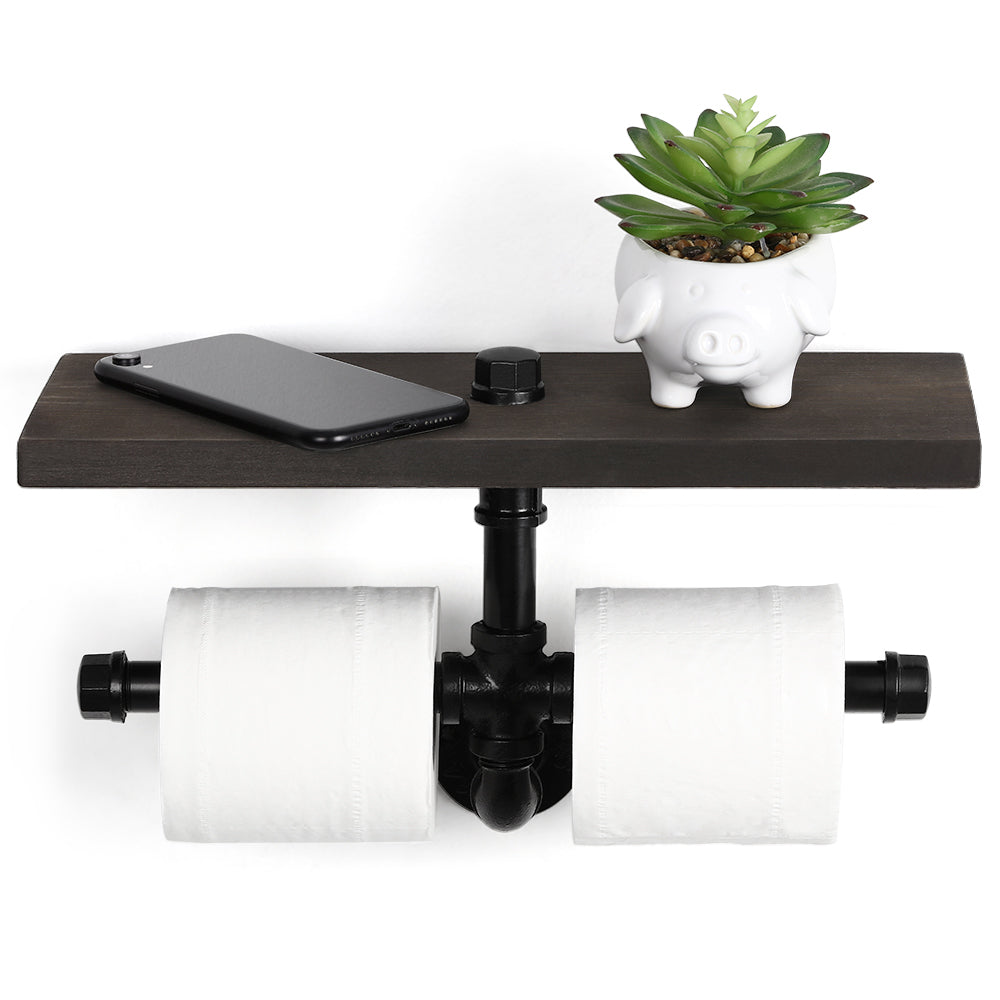 24-Inch Wide Industrial Pipe Toilet Paper Holder with Large Shelf - Wall-Mounted Rustic Wood Tissue Rack - Heavy Duty Double Roll Organizer