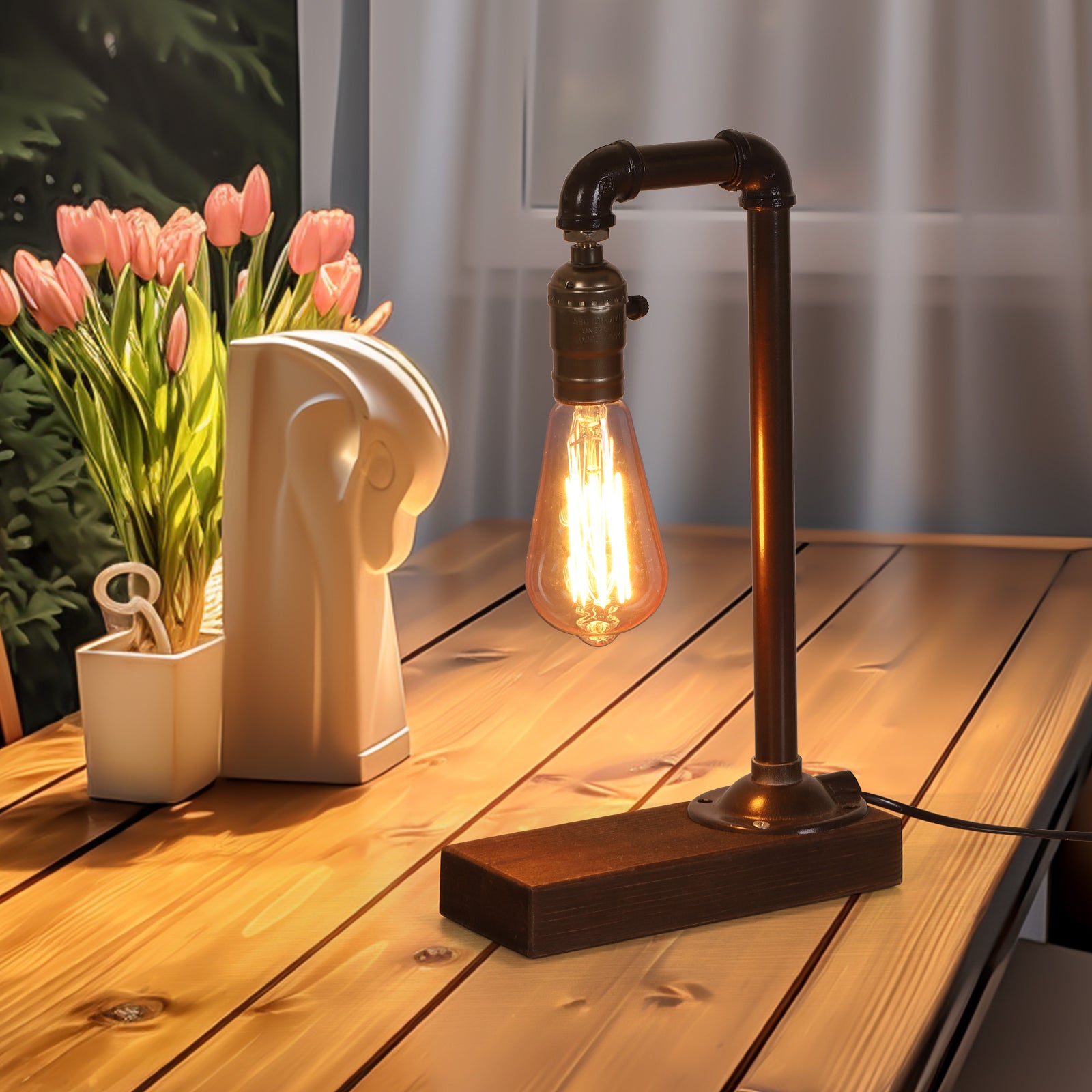 Industrial Arched Pipe Table Lamp Set with Wood Base (Set of 2)，Retro Steampunk Edison Desk Lights.