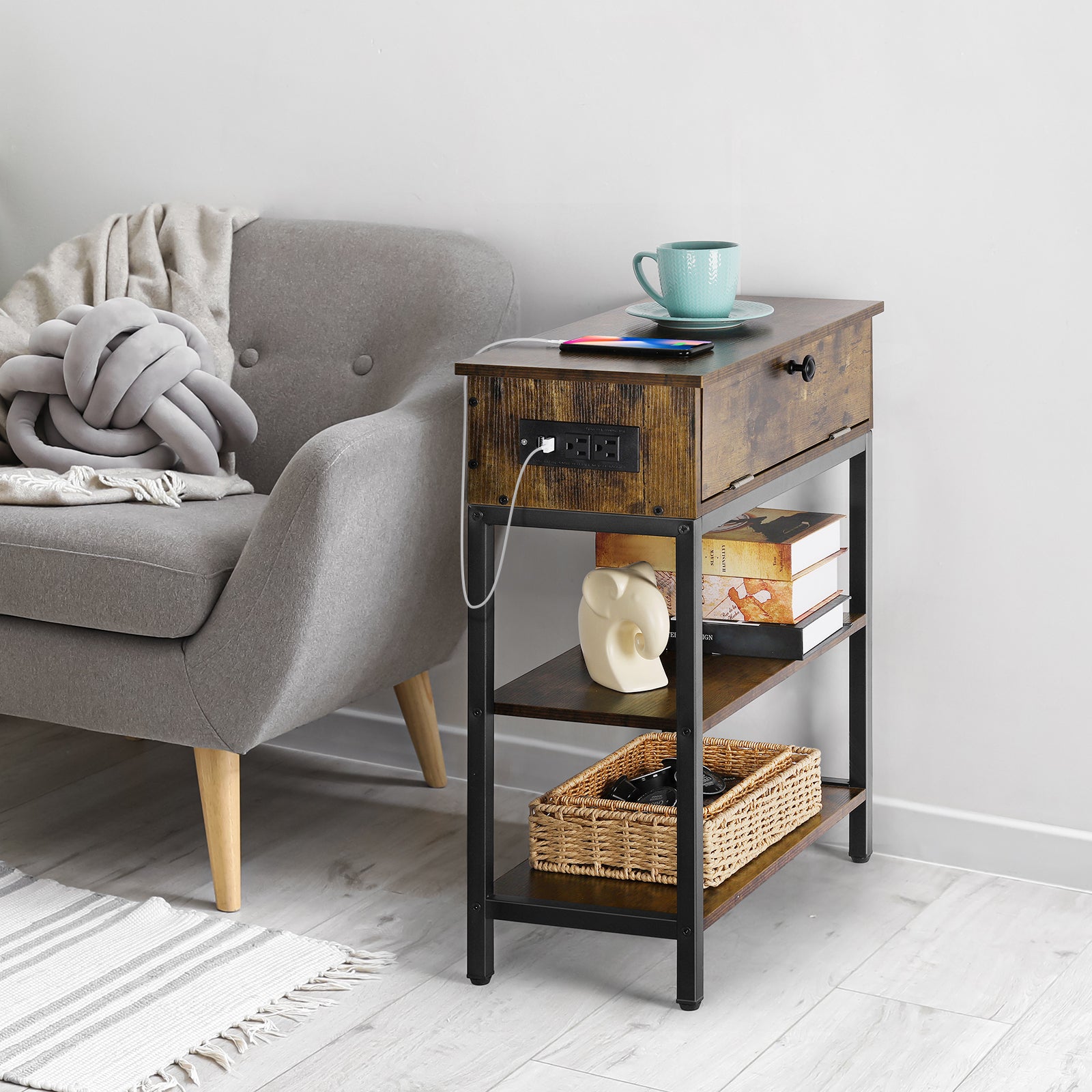 Nightstand with Charging Station & Flip Door, Rustic Side Table with USB Ports for Small Spaces