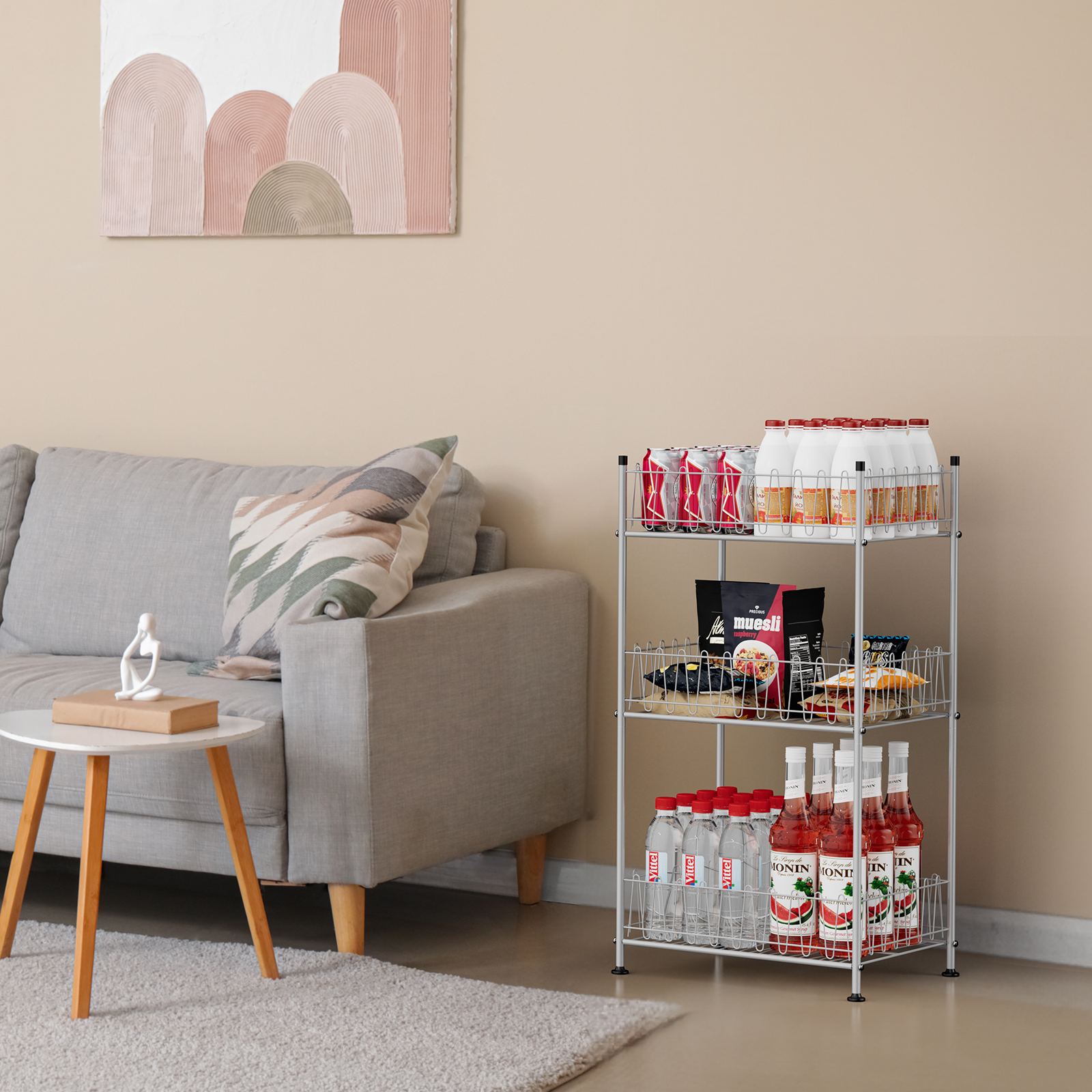 3-Tier Vertical Water Bottle Organizer - Freestanding Metal Drink Storage Shelf for Pantry, Silver