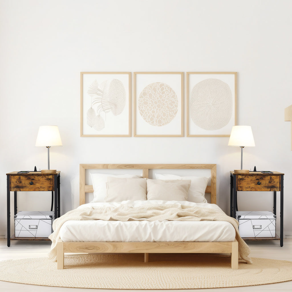 Set of 2 Farmhouse Bedside Tables with Integrated Power Strip, 3 USB Ports, Floating Drawer, and Rustic Charred Wood Finish