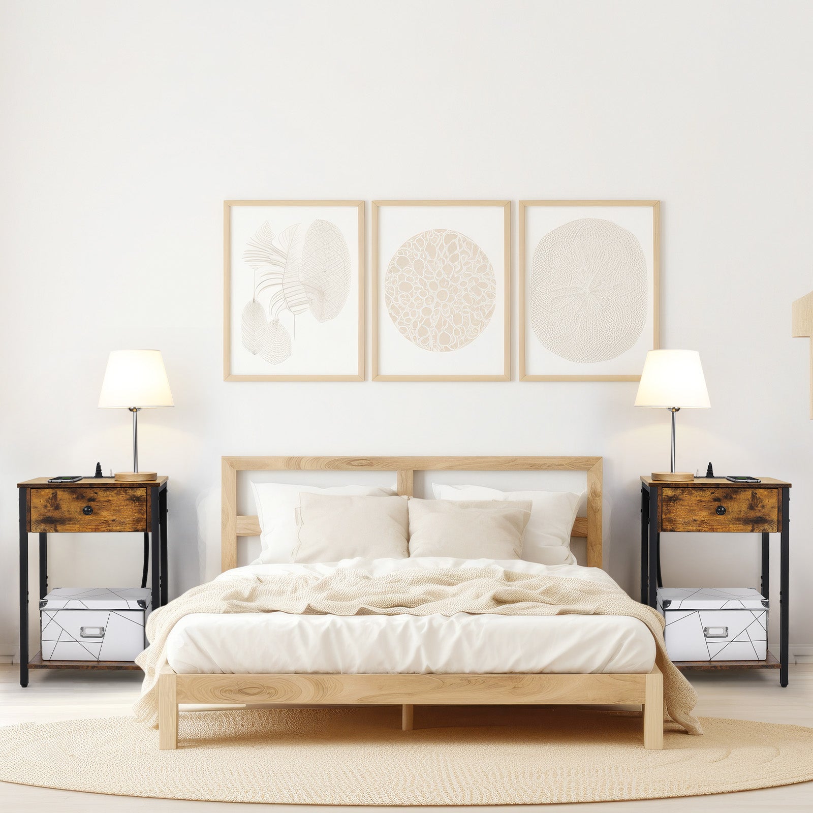 Set of 2 Farmhouse Bedside Tables with Integrated Power Strip, 3 USB Ports, Floating Drawer, and Rustic Charred Wood Finish