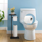 Freestanding Toilet Paper Holder Stand with Round Wooden Top Shelf, Black Metal Tissue Roll Storage Rack, Reserve Roll Storage Design for Bathroom Kitchen