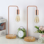 Minimalist Industrial Bedside Table Lamps 2 Pack, Rose Gold Curved Arch Metal Desk Lamp, Solid Wood Base Dimmable Knob Control Night Light, Vintage Edison Lamp Holder for Bedroom Nightstand, Reading Desk, Apartment Decor