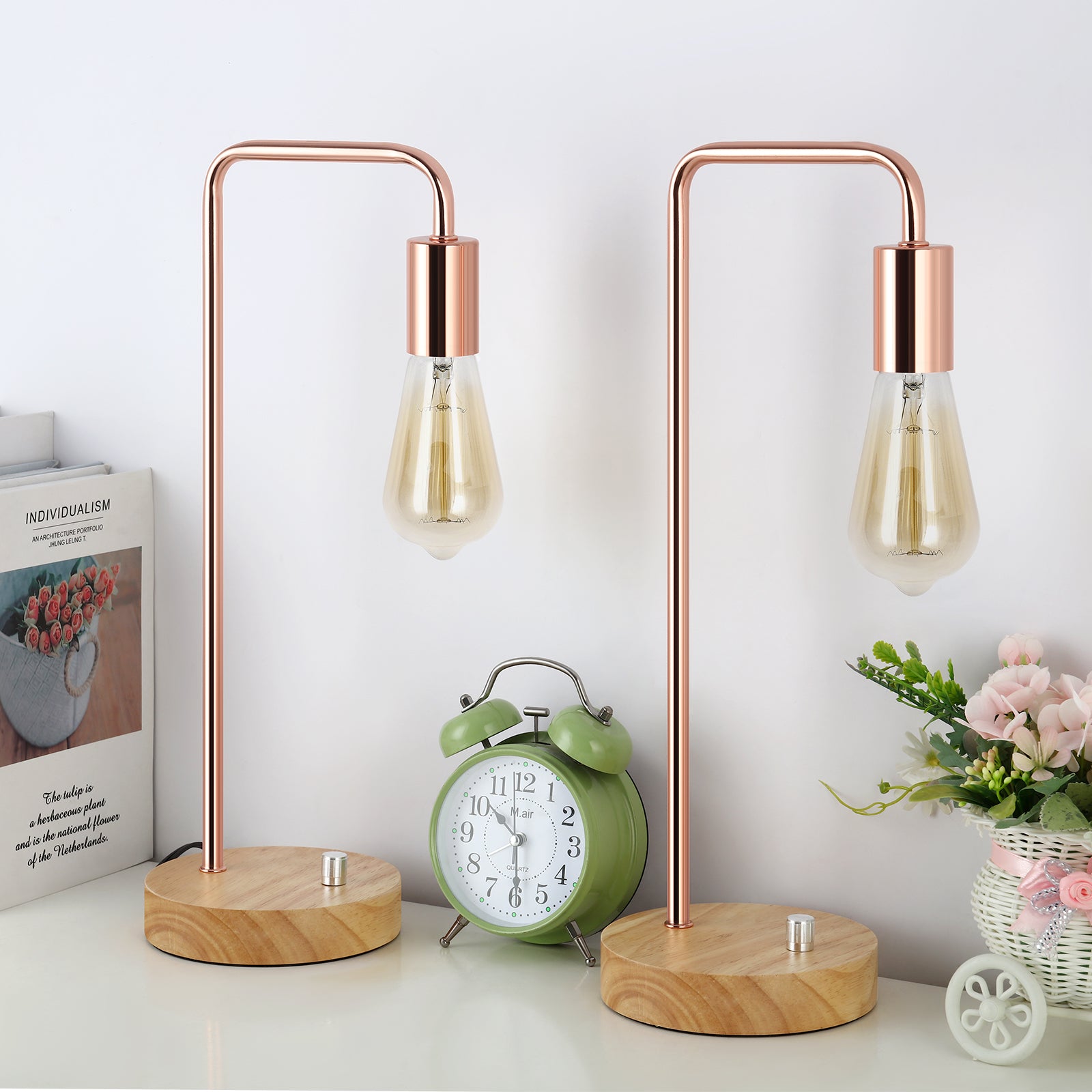 Minimalist Industrial Bedside Table Lamps 2 Pack, Rose Gold Curved Arch Metal Desk Lamp, Solid Wood Base Dimmable Knob Control Night Light, Vintage Edison Lamp Holder for Bedroom Nightstand, Reading Desk, Apartment Decor