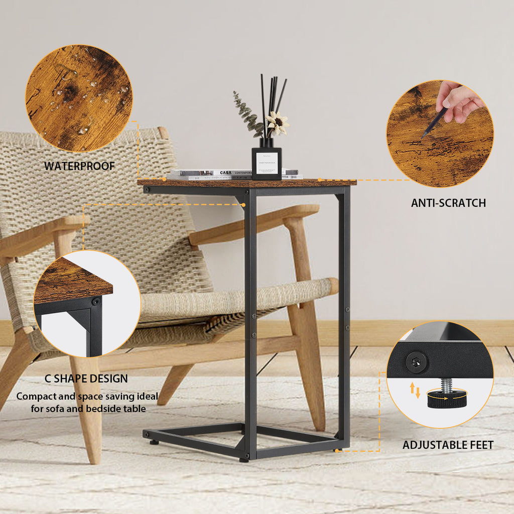 Set of 2 C Shaped Side Tables - Portable Laptop/Snack End Tables for Couch and Bed (Rustic Brown)