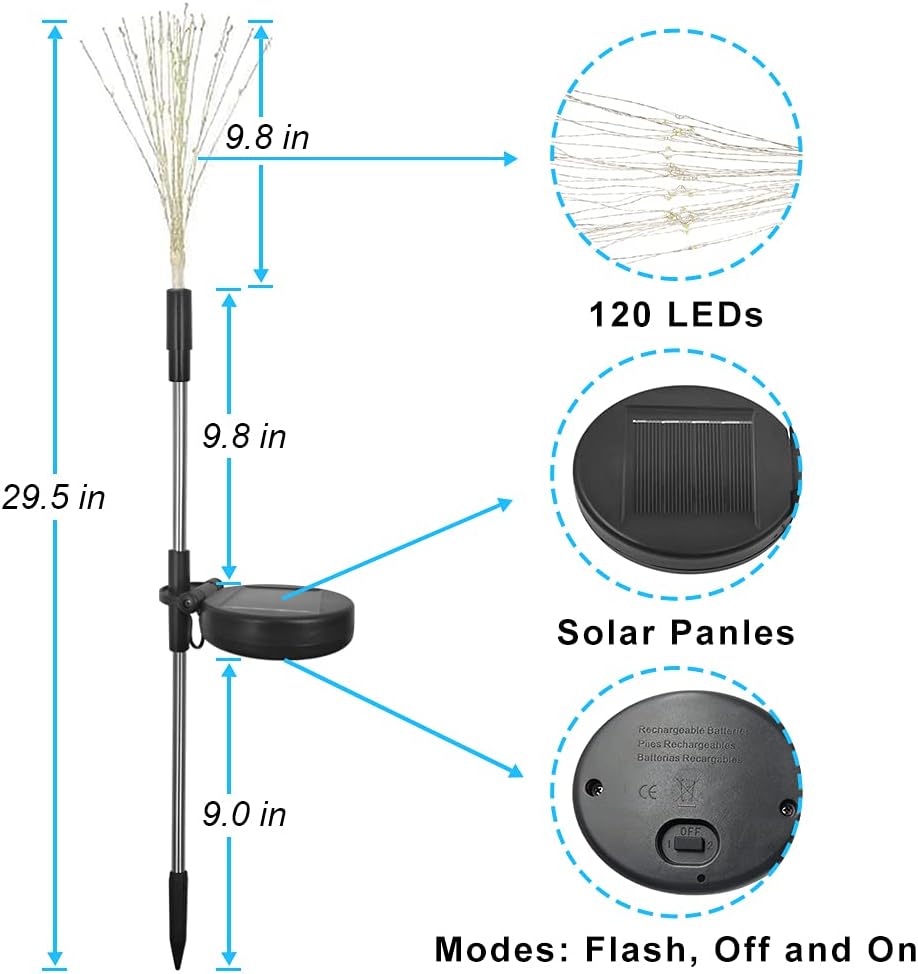 2 Pack Solar Firework Lights - 120 LED Outdoor Garden Decorative Pathway Lights w/ 8 Modes, Warm White