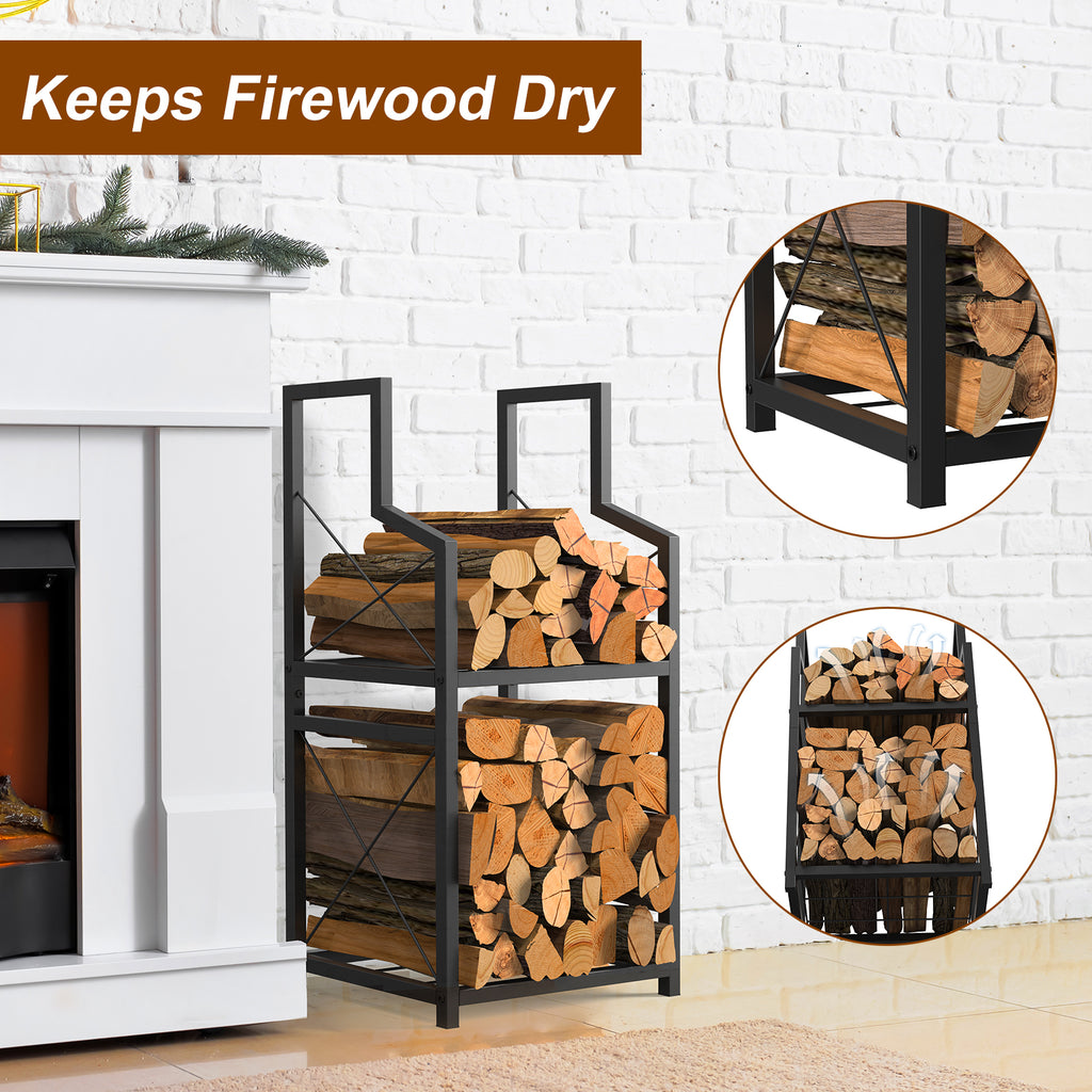 2-Tier Heavy Duty Firewood Rack for Indoor & Outdoor - Decorative Log Storage Stand for Fireplace, Fire Pit & Hearth, Black Metal Wood Holder
