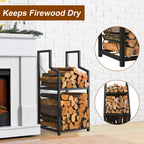 2-Tier Heavy Duty Firewood Rack for Indoor & Outdoor - Decorative Log Storage Stand for Fireplace, Fire Pit & Hearth, Black Metal Wood Holder