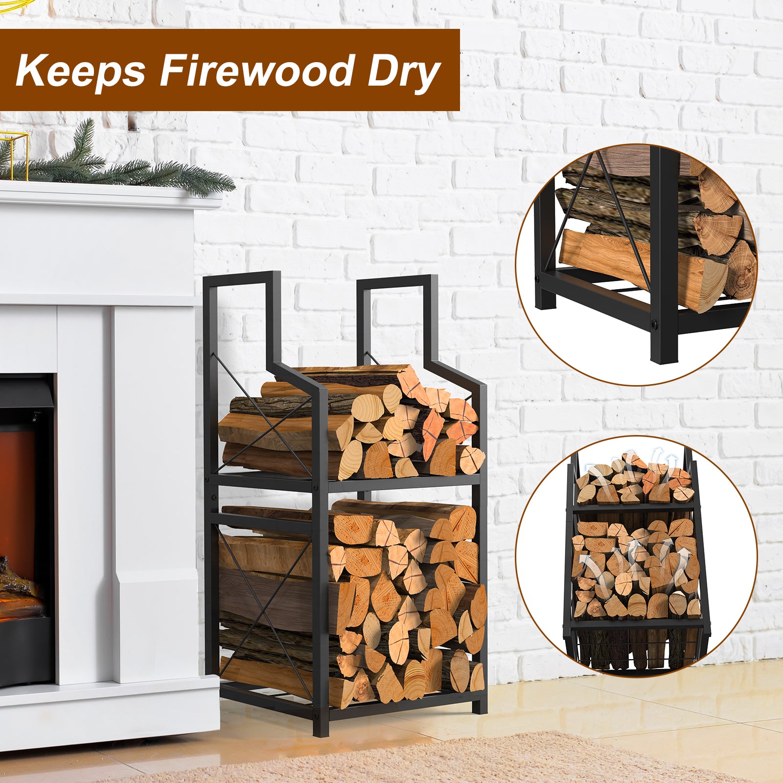 2-Tier Heavy Duty Firewood Rack for Indoor & Outdoor - Decorative Log Storage Stand for Fireplace, Fire Pit & Hearth, Black Metal Wood Holder